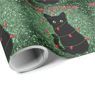 Papier Cadeau Chat noir mignon Meowy Noël scintillants lumières