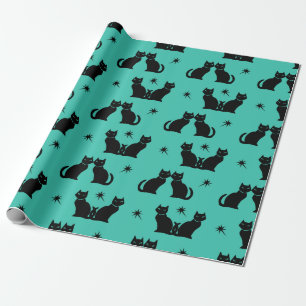 Papier Cadeau Chat noir rétro Kitty sur papier d'emballage aqua