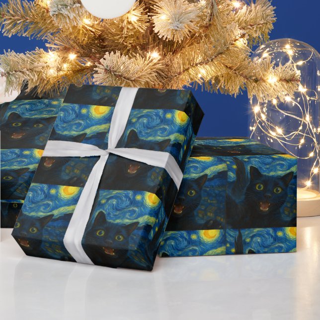 Papier Cadeau Chat noir Starry Nuit Van Gogh Chat Selfie (Vacances)
