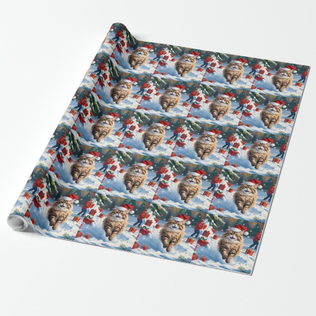 Papier Cadeau Chat persan assis dans la neige avec Casquette de  (Déroulé)