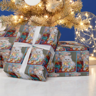 Papier Cadeau Chat Persan de Noël empêtré dans les lumières de f