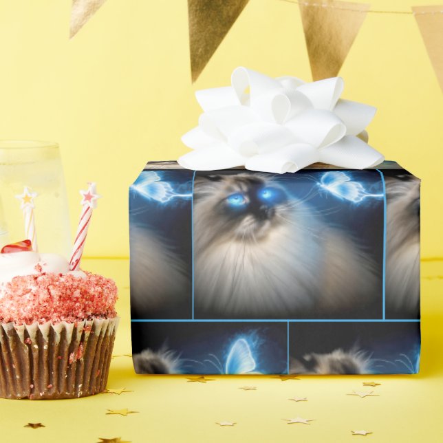 Papier Cadeau Chat Ragdoll Avec Papillon Néon Bleu (Fête d'anniversaire)