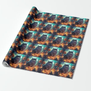 Papier Cadeau Chat Sibérien Halloween Avec Des Citrouilles Effra