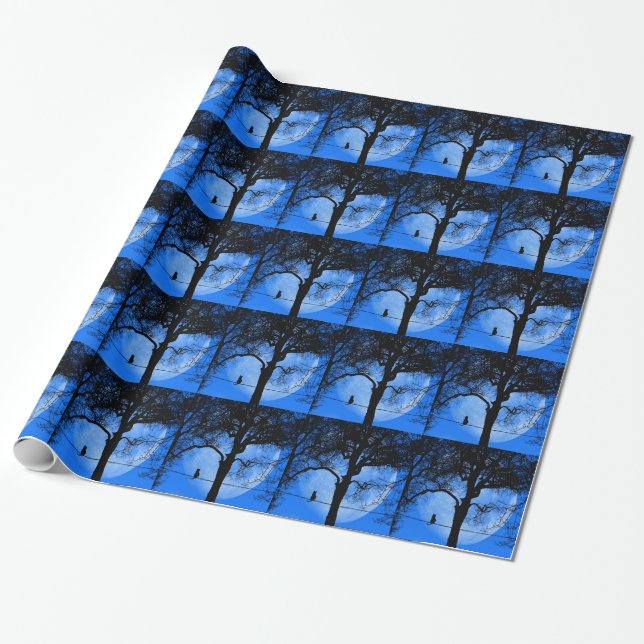 Papier Cadeau Chat sur une lune bleue fil (Déroulé)
