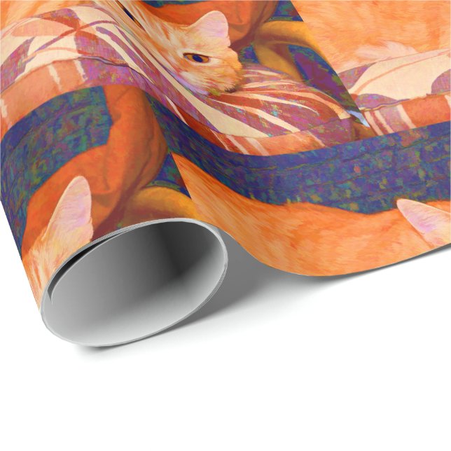 Papier Cadeau Chat tigré orange mignon drôle (Coin rond)
