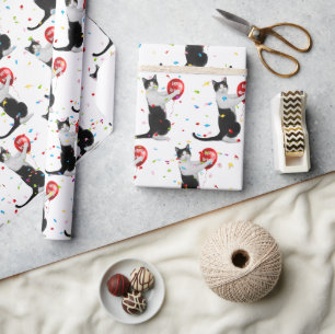 Papier Cadeau Chat Tuxedo Avec Balcon Rouge Anniversaire