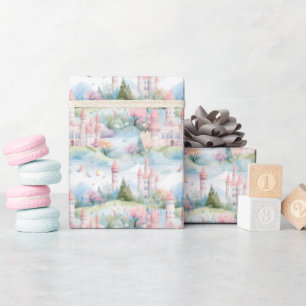 Papier Cadeau Château de princesse rose aquarelle -
