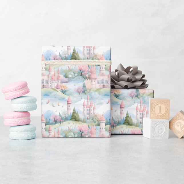 Papier Cadeau Château de princesse rose aquarelle - (Baby Shower)