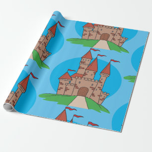 Papier Cadeau Château Médiéval sur une Colline avec des Drapeaux