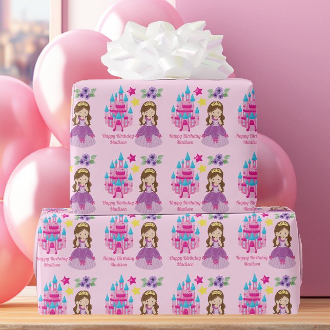 Papier Cadeau Château Princesse Rose Cute Personnalisé Anniversa (Créateur téléchargé)