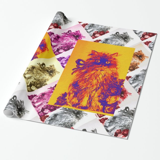 Papier Cadeau Chaton avec des roses rouges,Jaune orange,Bleu (Déroulé)