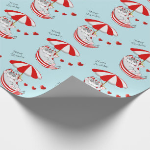 Papier Cadeau Chaton d'anniversaire dans hamac rouge et blanc