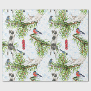 Papier Cadeau Chaton de Noël avec oiseaux