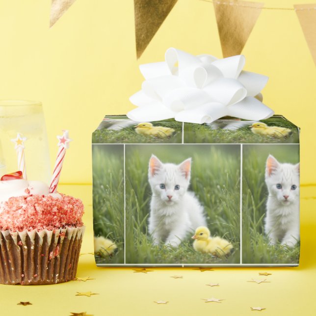 Papier Cadeau Chaton et canard dans l'herbe (Fête d'anniversaire)