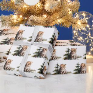 Papier Cadeau Chatons Aquarelle Avec Ornements De Noël