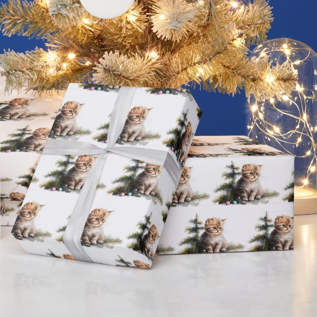 Papier Cadeau Chatons Aquarelle Avec Ornements De Noël (Vacances)