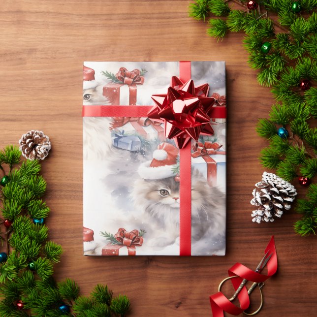 Papier Cadeau Chatons de Noël avec cadeaux emballés (Cadeau de vacances)