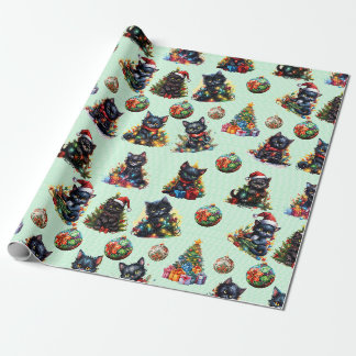 Papier Cadeau Chatons de Noël Noir Joueur