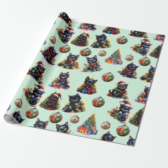 Papier Cadeau Chatons de Noël Noir Joueur (Déroulé)