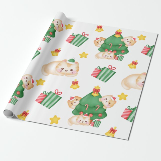 Papier Cadeau Chatons mignons dans l'arbre de Noël (Déroulé)