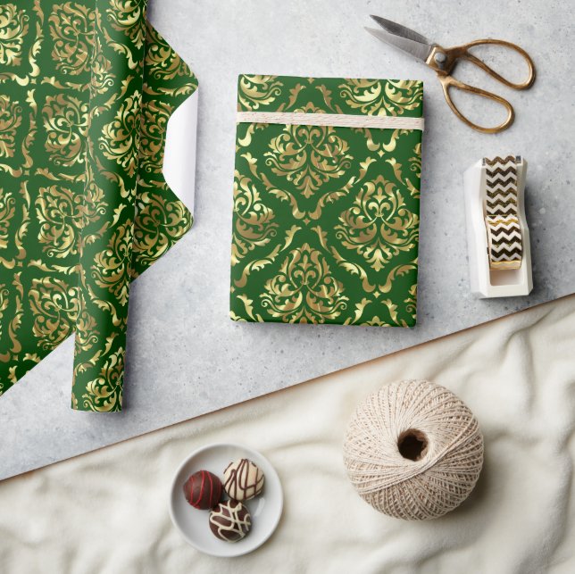 Papier Cadeau Chatoyant Or Floral Damask Sur Vert (Artisanat)