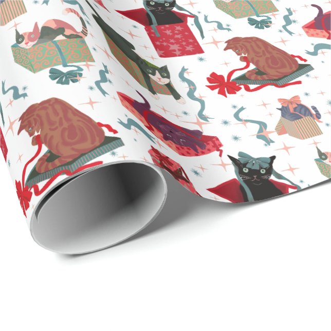 Papier Cadeau Chats Amusants Dans Les Boîtes De Noël Blanc Rouge (Coin rond)