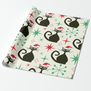 Papier Cadeau Chats Atomiques Rétro de Noël du Milieu du Siècle