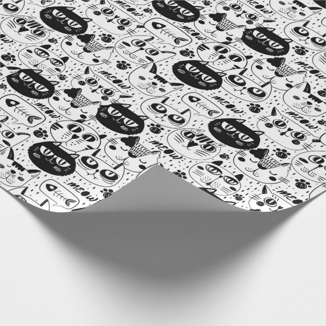Papier Cadeau Chats blancs noirs face motif (Coin)
