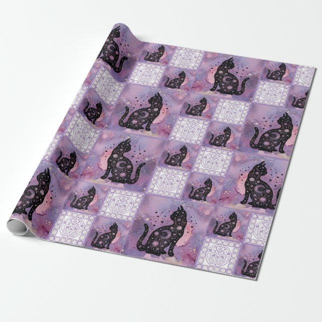 Papier Cadeau Chats cosmiques violets Motif de chaume (Déroulé)