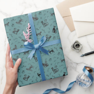 Papier Cadeau Chats d'art rupestre sur gris cyan