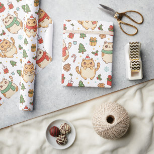 Papier Cadeau Chats de Noël Kawaii et friandises des Fêtes