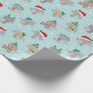 Papier Cadeau Chats de Noël mignons en bleu clair