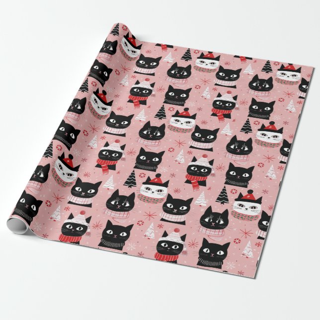 Papier Cadeau Chats de Noël rétro amusants en rose (Déroulé)