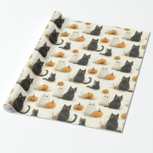 Papier Cadeau Chats d'Halloween et Motif Citrouille