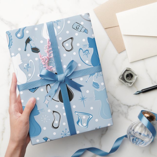 Papier Cadeau Chats du coeur bleu du milieu du siècle (Cadeaux)