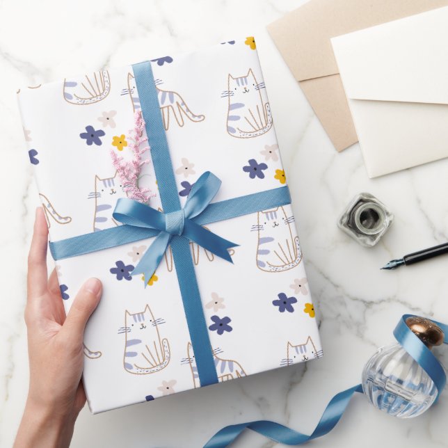 Papier Cadeau Chats et fleurs en blanc (Cadeaux)