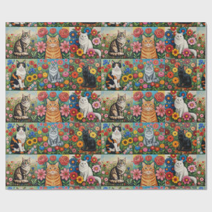 Papier Cadeau Chats fantaisistes mignons et fleurs d'art folklor