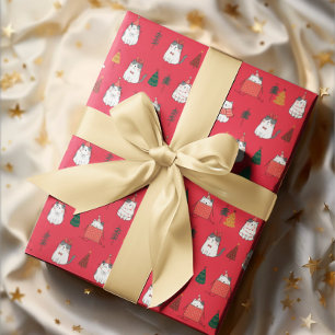 Papier Cadeau Chats Festifs Rouges et Arbres de Noël Enveloppeme