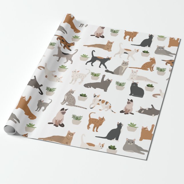 Papier Cadeau Chats mignons et Plantes de maison (Déroulé)