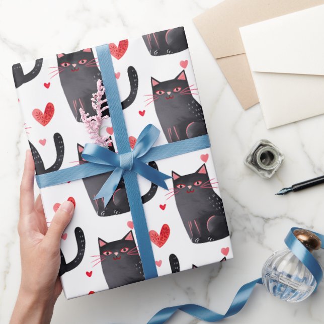 Papier Cadeau Chats noirs roses Coeurs Anniversaire (Cadeaux)