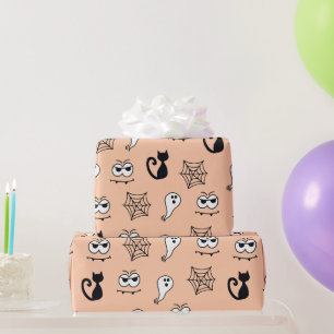 Papier Cadeau Chats noirs Toiles d'araignées et fantômes Orange