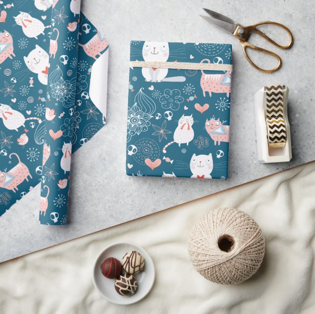 Papier Cadeau Chats, Oiseaux et Coeurs Enveloppement Papier (Artisanat)