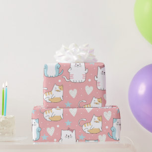Papier Cadeau chats potelés en bleu pastel, blanc et rose
