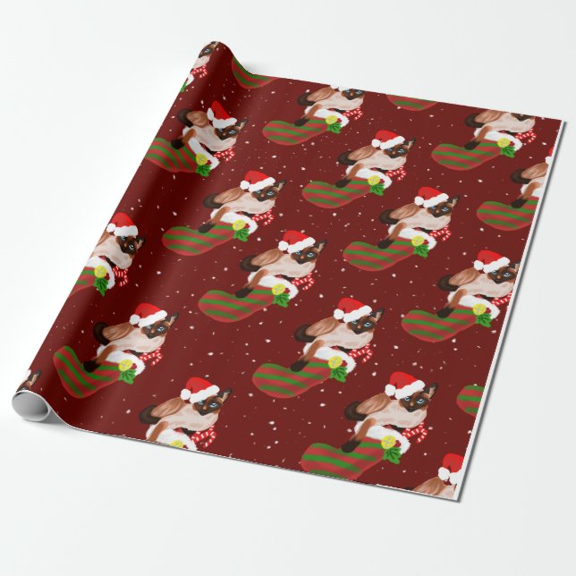 Papier Cadeau Chats siamois de Noël portant un chapeau de Père N (Déroulé)