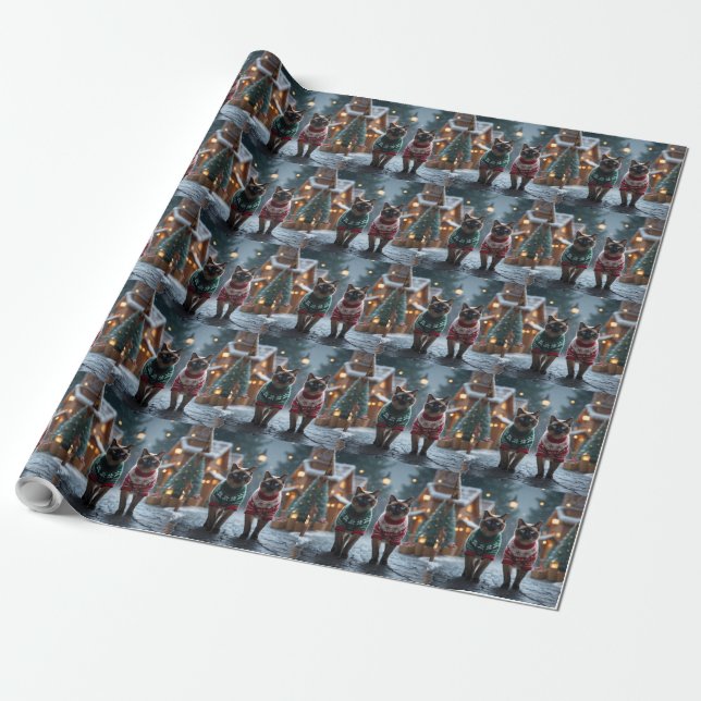 Papier Cadeau Chats siamois Noël Neige Fêtes (Déroulé)