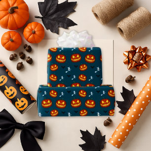 Papier Cadeau Chauves-souris Citrouilles sombres Turquoise Hallo