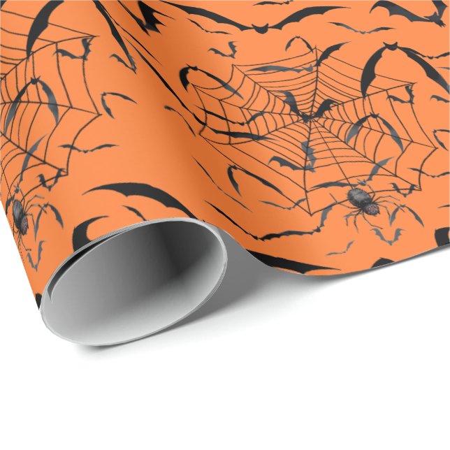 Papier Cadeau Chauves-souris d'Halloween et araignées (Coin rond)