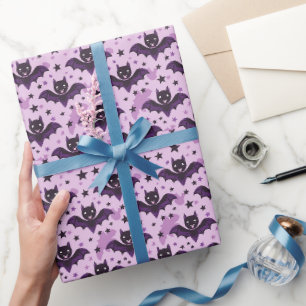 Papier Cadeau Chauves-souris Halloween Mignonnes Violet Foncé