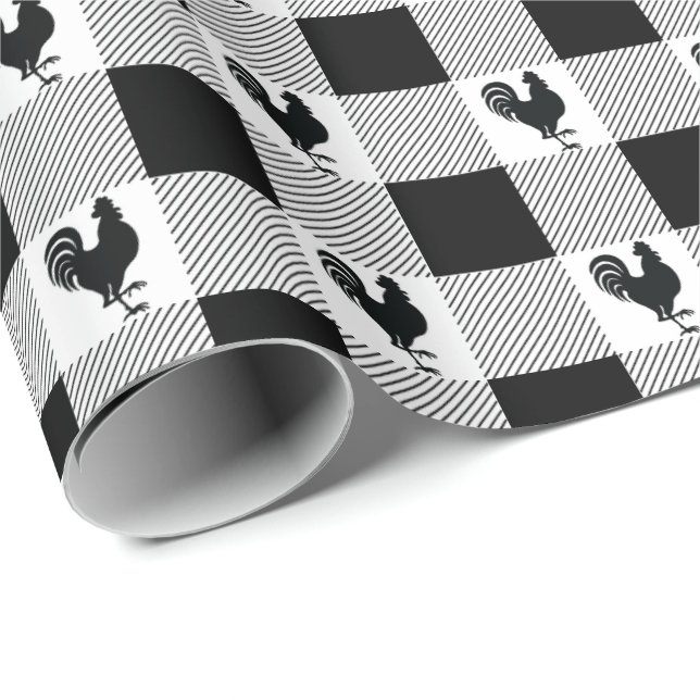 Papier Cadeau Chèques de bisons et Motif de coq - Noir | Blanc (Coin rond)