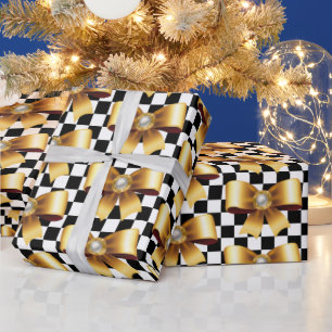 Papier Cadeau Chèques noir et blanc & Bow Pearl Gold
